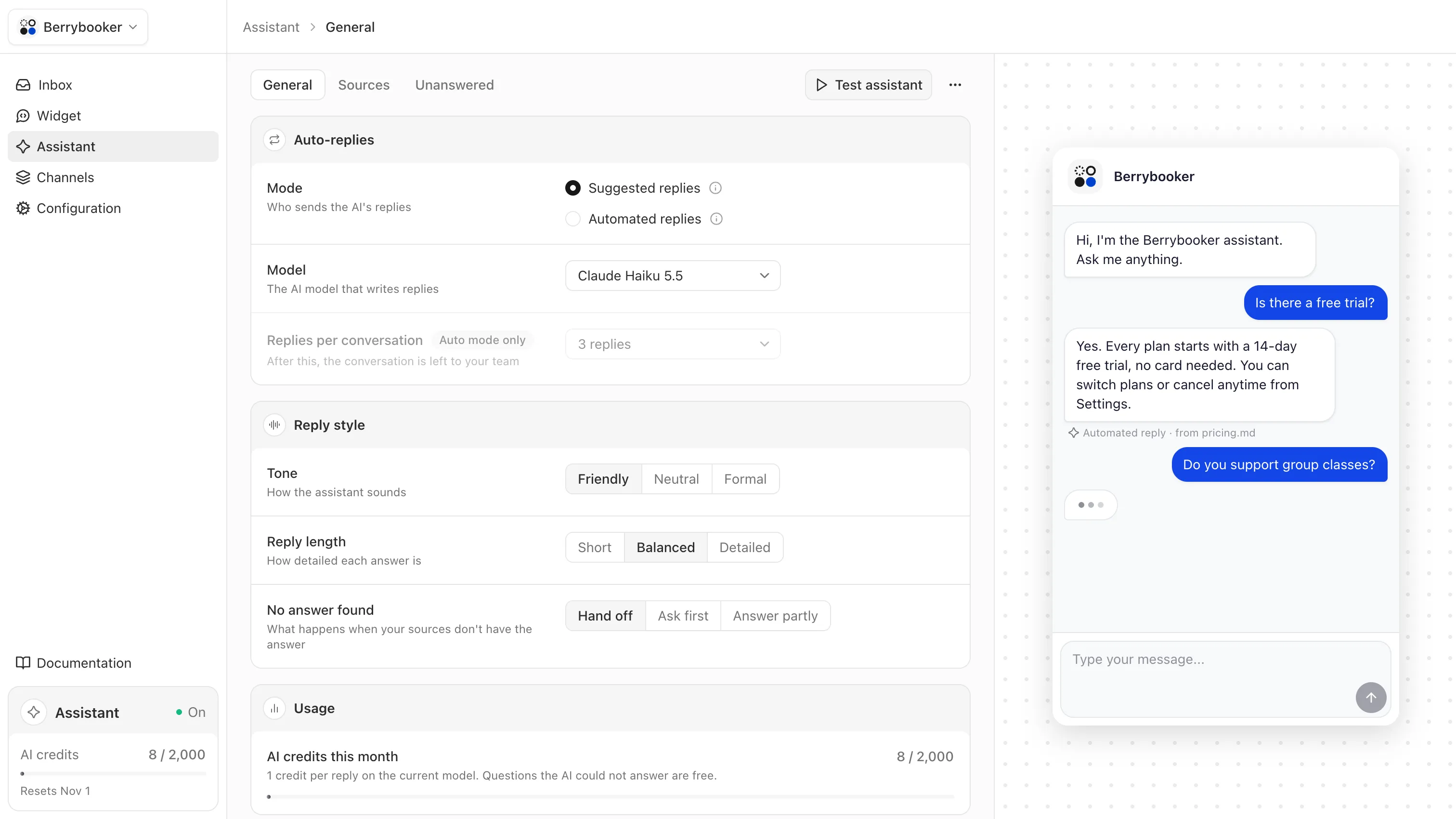 Assistant settings for auto-replies, model and reply style, with a live widget preview answering from pricing.md