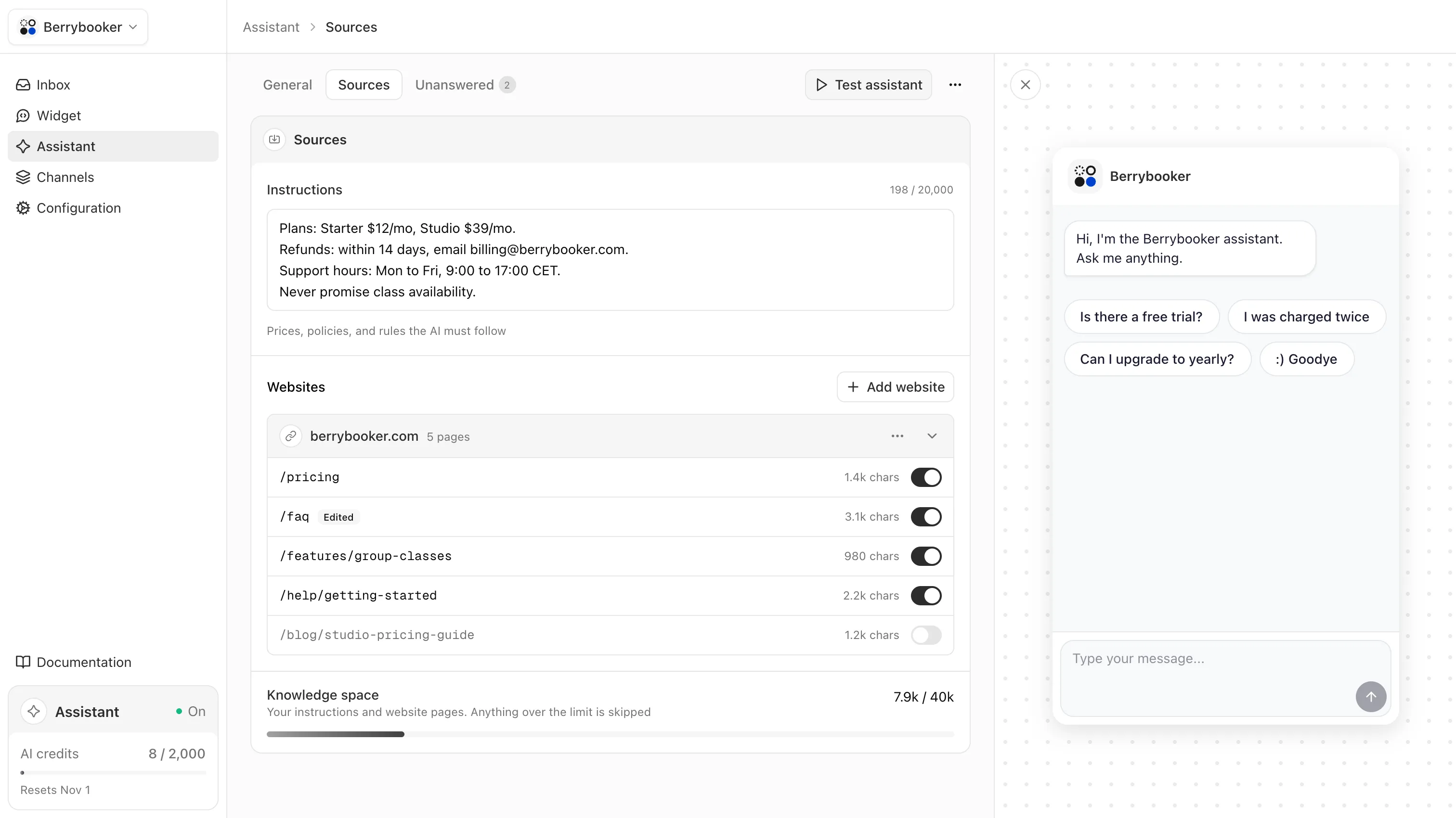 Assistant sources with instructions, website pages and knowledge space used, with suggested questions in the widget preview