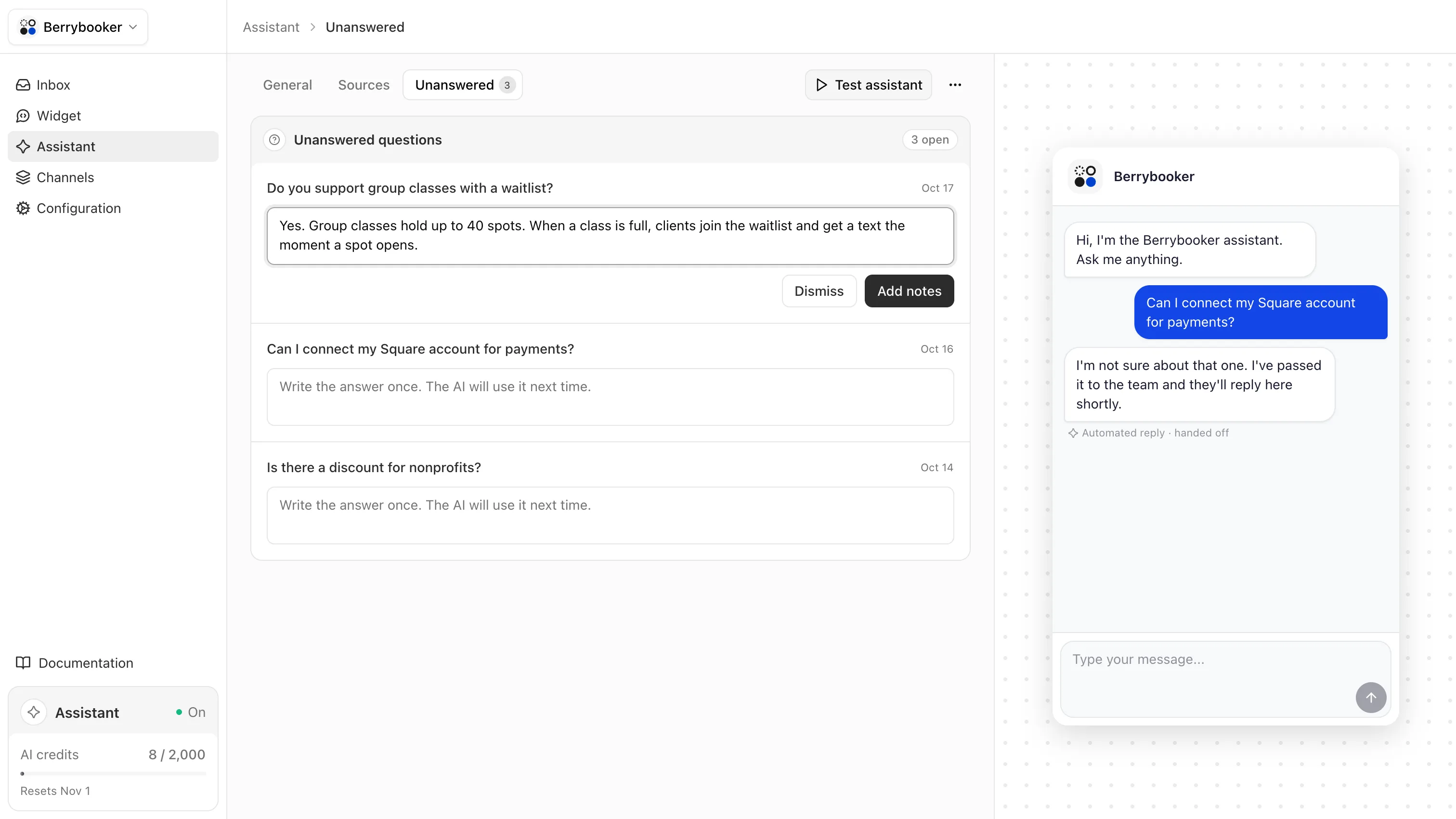 Unanswered questions waiting for an answer, beside a widget reply that hands off to the team