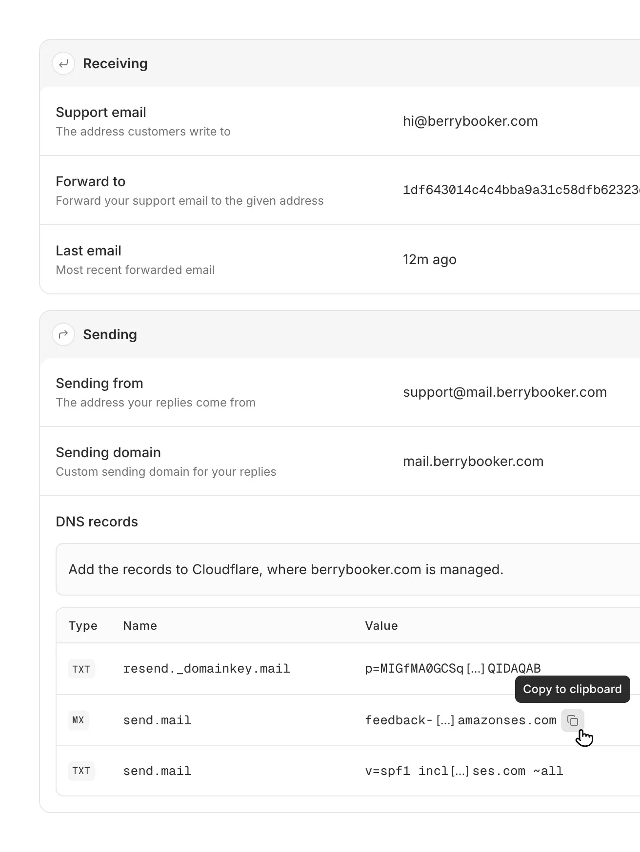Email channel settings for receiving and sending, with a copy button on a DNS record value