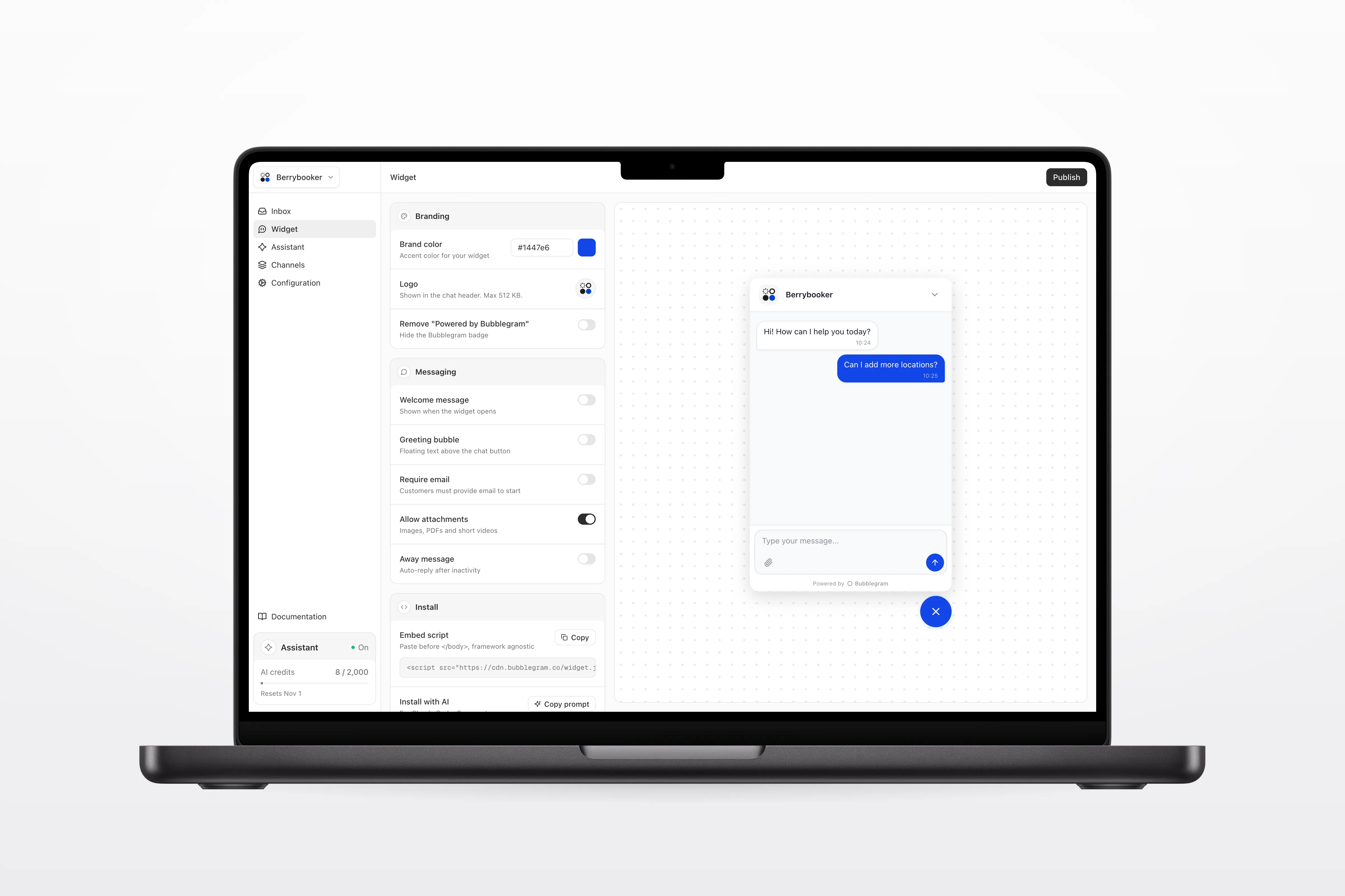 Widget settings on a MacBook Pro for branding, messaging and install, beside a live preview of the chat open with a customer asking to add more locations