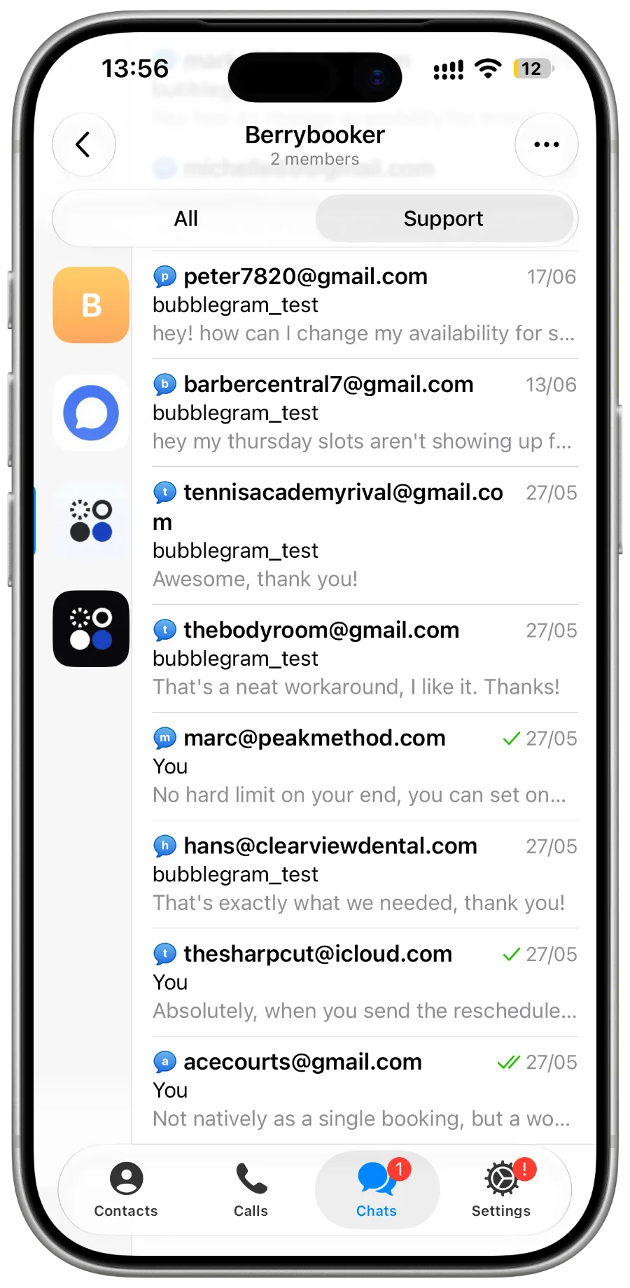 Berrybooker support group in Telegram on an iPhone, with one thread per customer email and the latest message under each