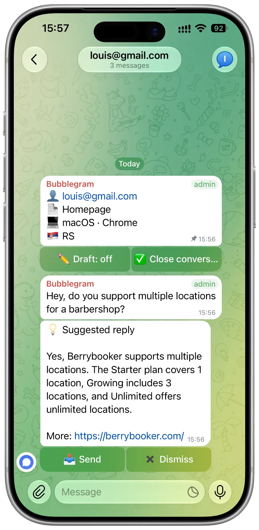 A customer thread in Telegram showing who's asking from where, their question about multiple locations, and a suggested reply with Send and Dismiss buttons