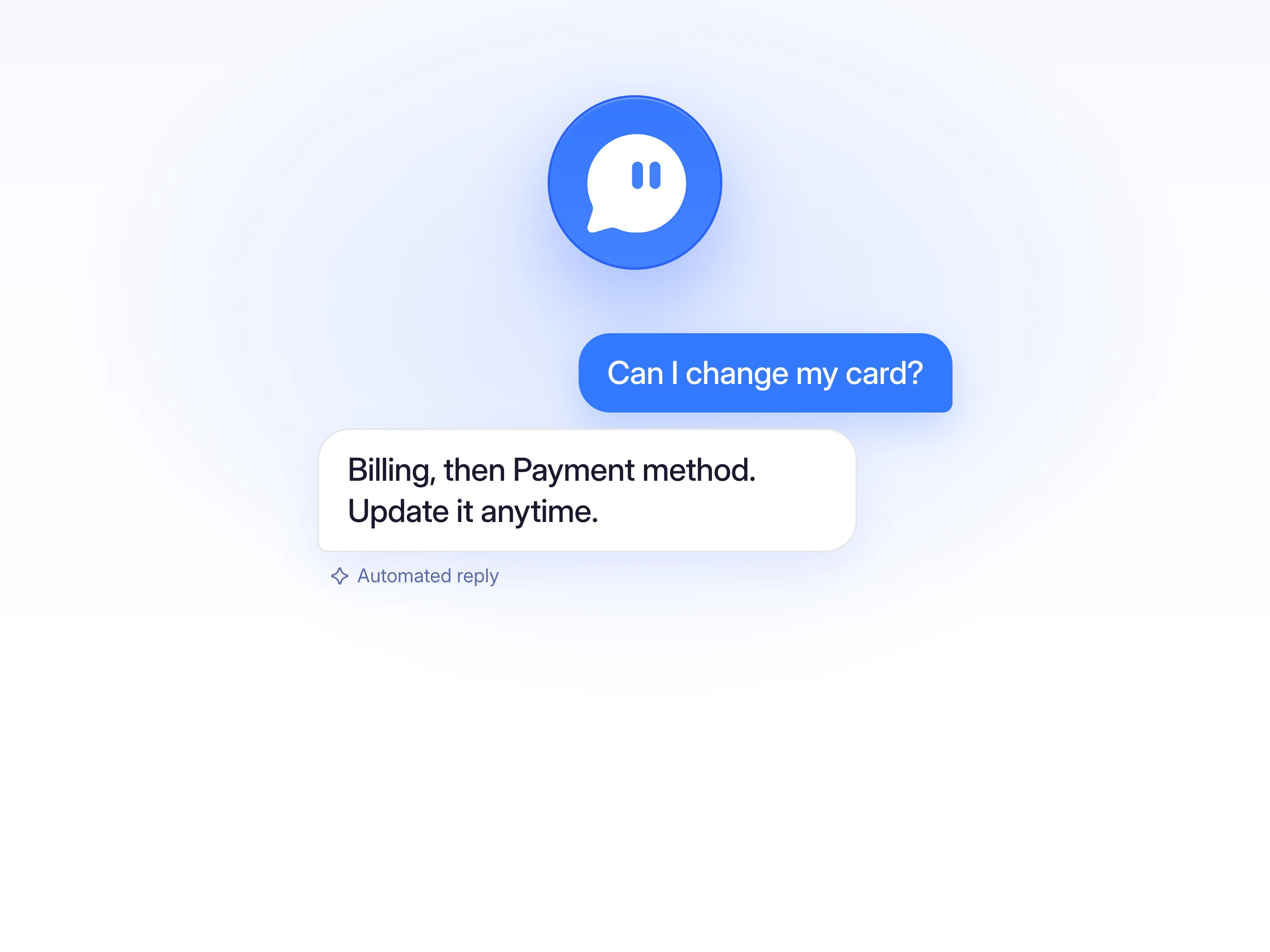 Chat launcher above a customer asking "Can I change my card?" and an automated reply pointing to Billing, then Payment method